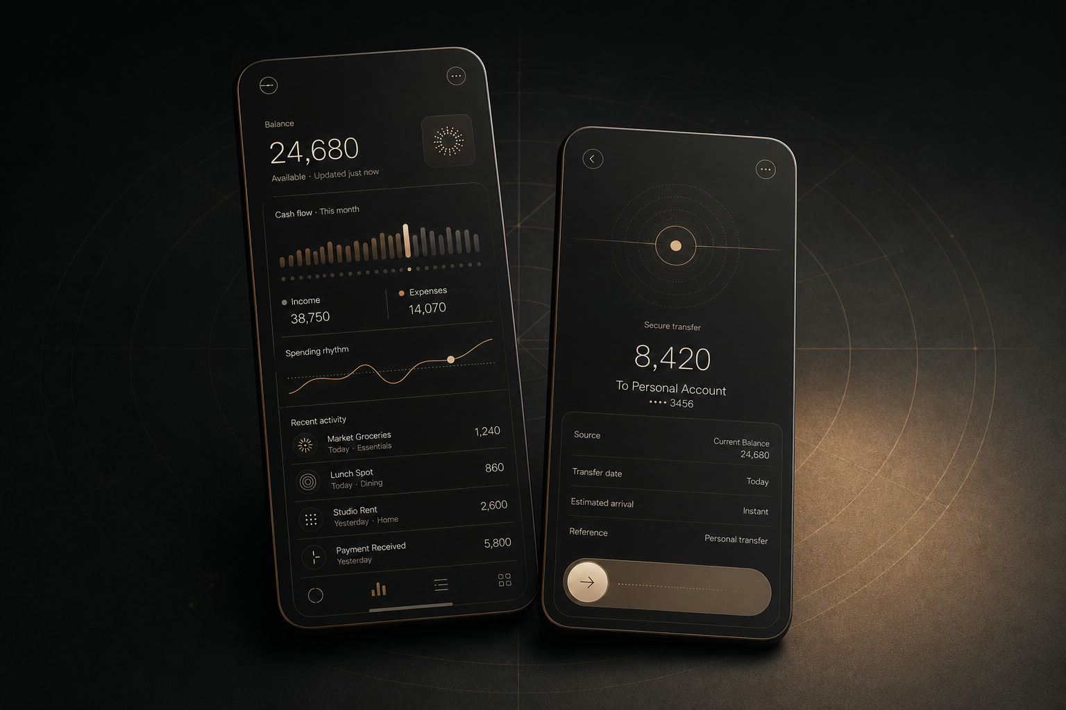 Concept preview of the planned Fintech Mobile experience, showing a calm cash-flow view and a secure transfer flow.